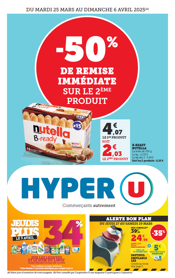 -50% de remise immédiate sur le second produit : B-Ready Nutella boîte de 330 g soit les 2 produits 6,10€. Jeudis Plus 34% reversés sur votre carte U sur les lessives et le soin du linge, hors promotions en cours, offre limitée à 3 produits identiques par carte U, voir conditions en magasin. Alerte bon plan du jeudo 27 au samedi 29 mars -35% sur les fauteuils empilable Lee, coloris au choix soit 24,99€ au lieu de 39,99€ et 5€ supplémentaires versés sur votre carte U les 27,28 et 29 mars 2025.