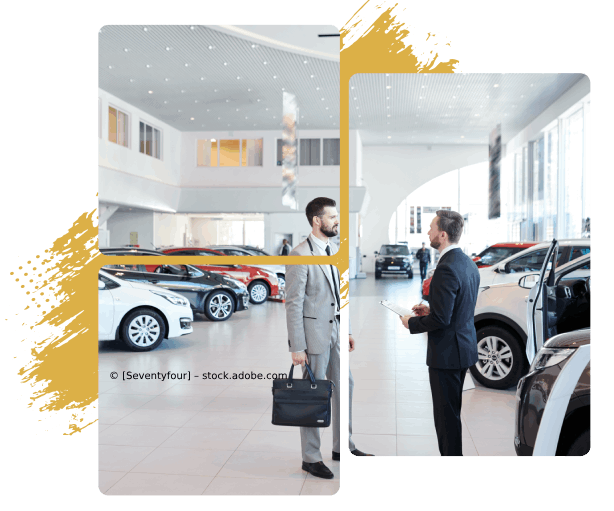 Verkaufshalle von Autohändler, Verkäufer und Kunde im Gespräch