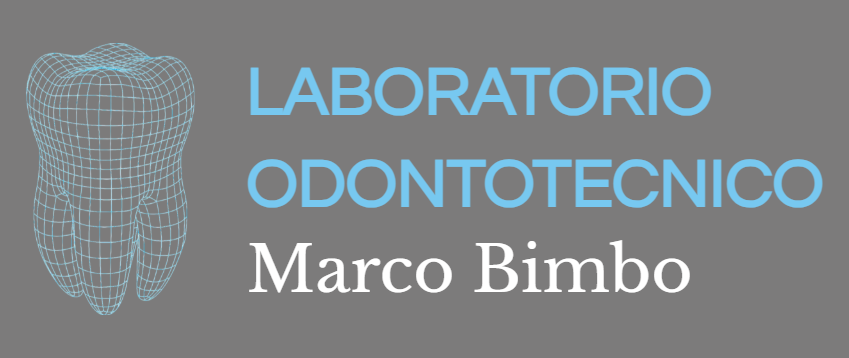 "Laboratorio Odontotecnico Marco Bimbo" in white font on a black background.