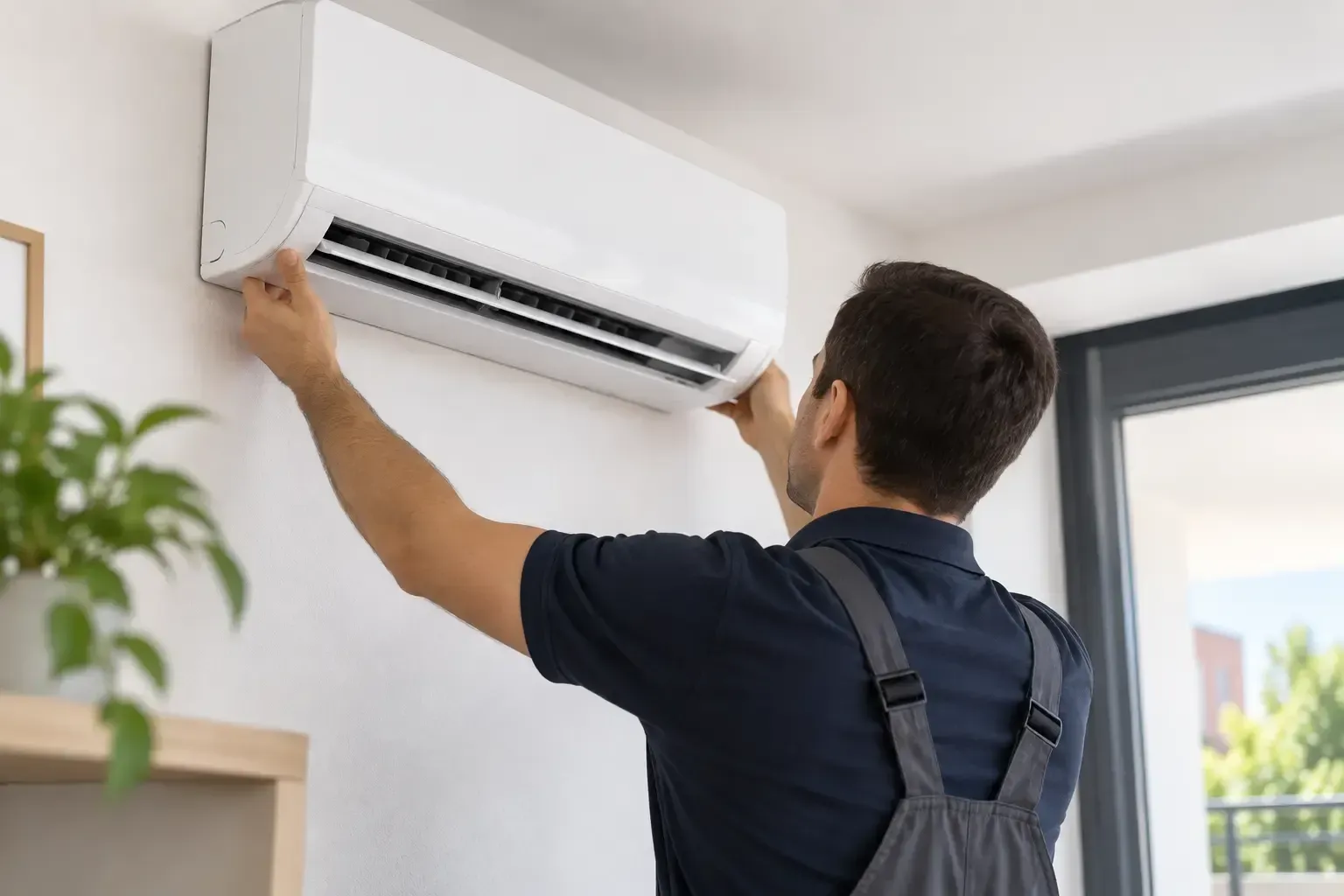 Técnico instalando un aire acondicionado de pared en el interior, cerca de una ventana.