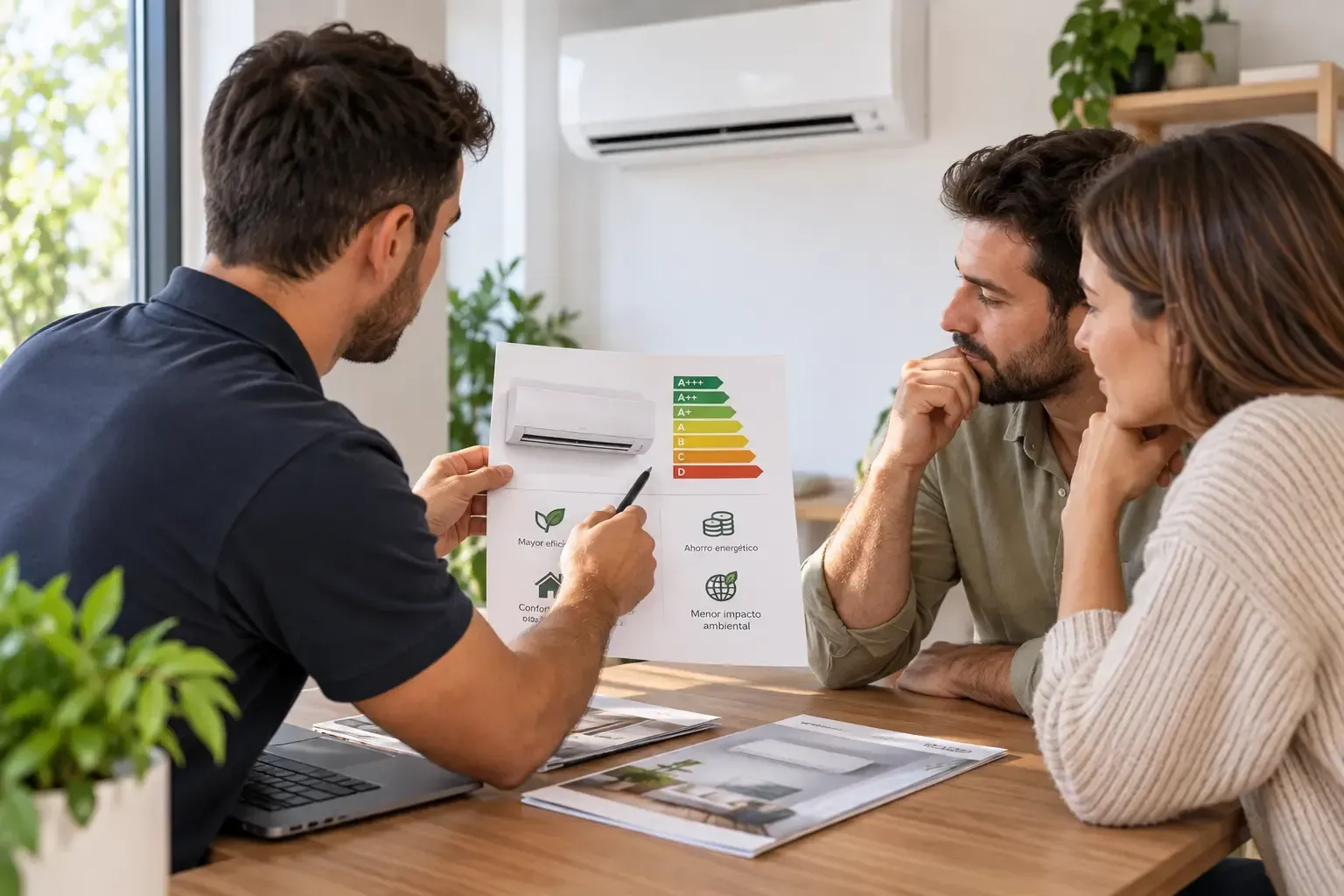 Tres personas revisan un gráfico de eficiencia energética en una mesa en una luminosa sala de exposición de oficinas.