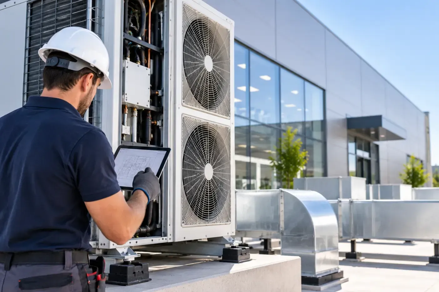 Técnico inspeccionando una unidad de climatización en la azotea de un edificio moderno.