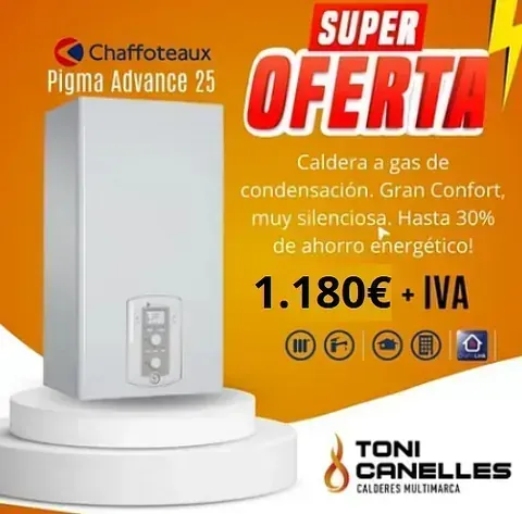 Publicidad naranja de caldera Chaffoteaux Pigma Advance 25 con oferta “SUPER OFERTA” y precio 1.180€ + IVA