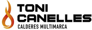 Logotipo de TONI CANELLES Calderes Multimarca con icono de llama naranja sobre fondo blanco