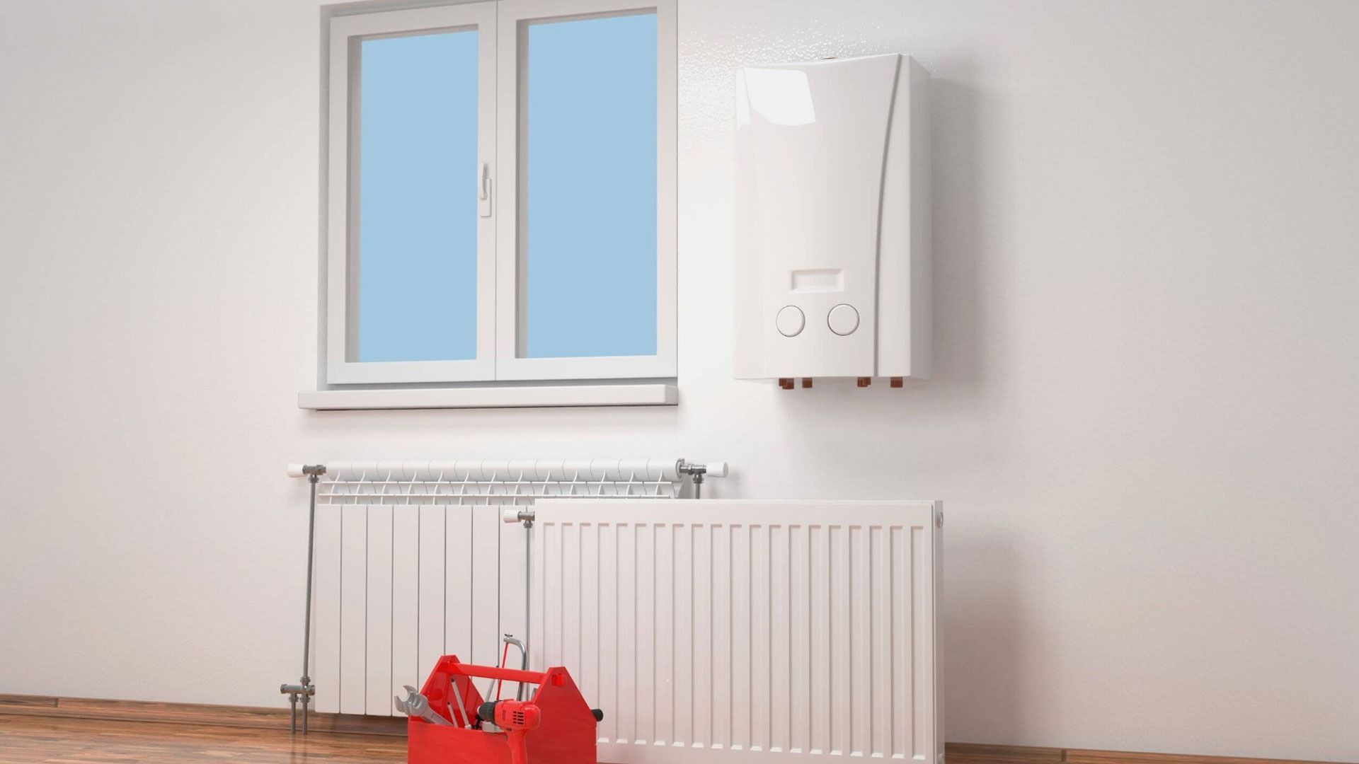 Habitación pequeña de color blanco con una ventana, caldera mural, radiador y un cubo rojo de limpieza en el suelo.