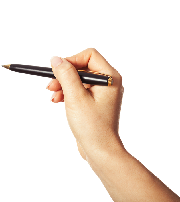 A woman 's hand is holding a black pen on a white background