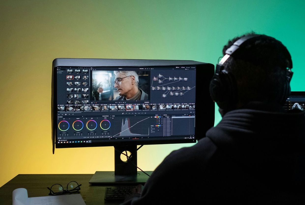 A man wearing headphones is sitting in front of a computer monitor.
