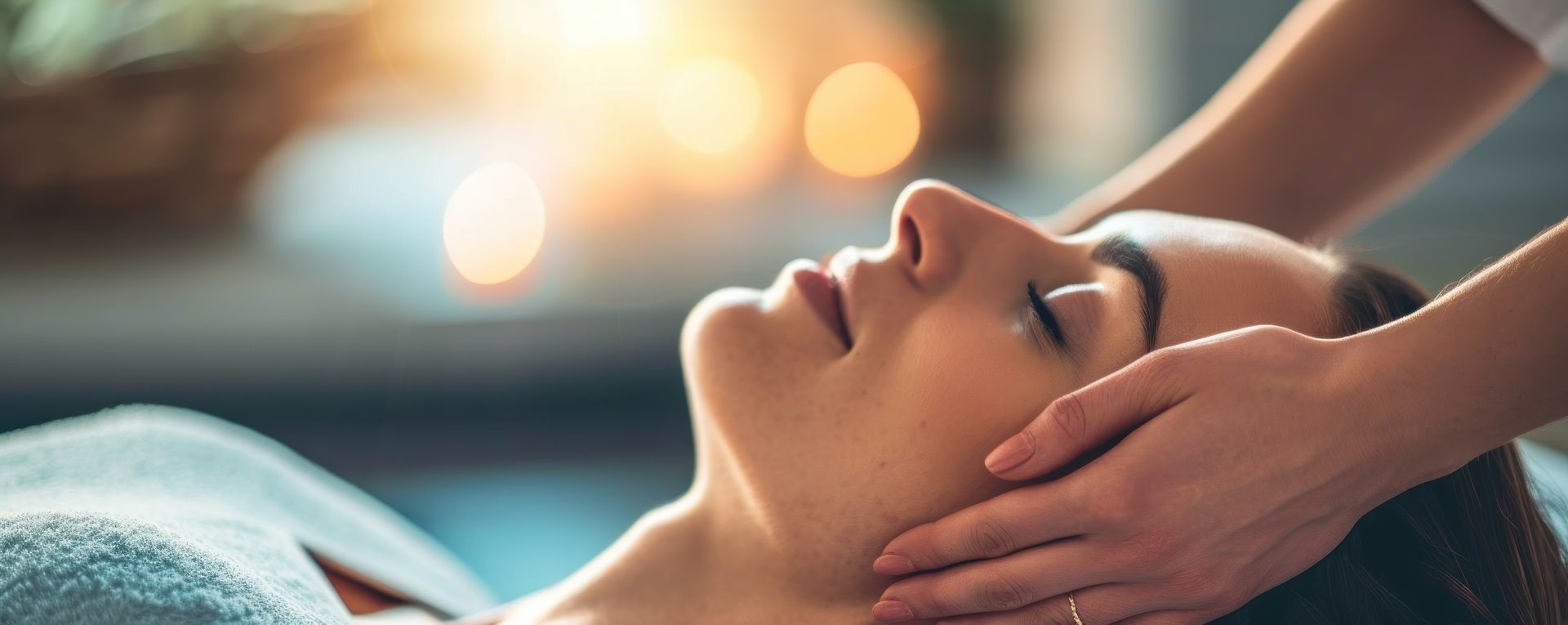 Eine Person liegt auf einer Spa-Liege, während eine andere ihr sanft das Gesicht massiert; die Beleuchtung ist weich und warm.