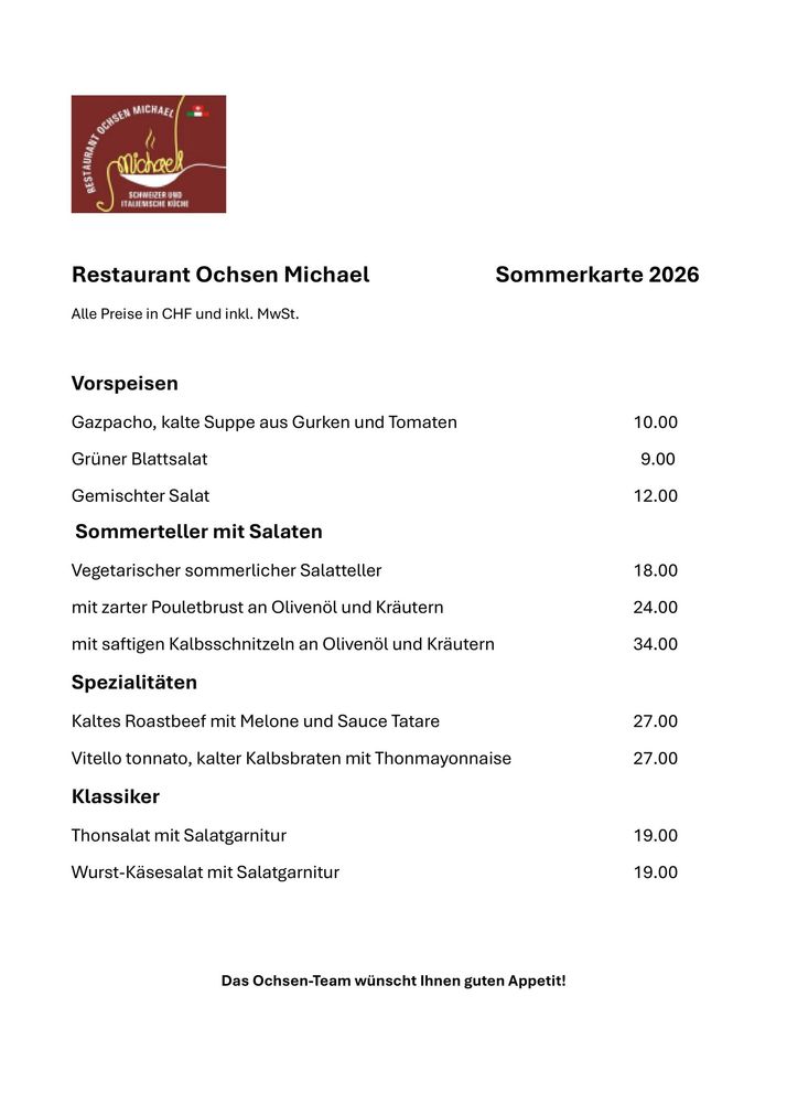 Restaurant Ochsen Kilchberg: Wochenmenü mit Gerichten und Preisen für Montag bis Freitag auf hellem Hintergrund.