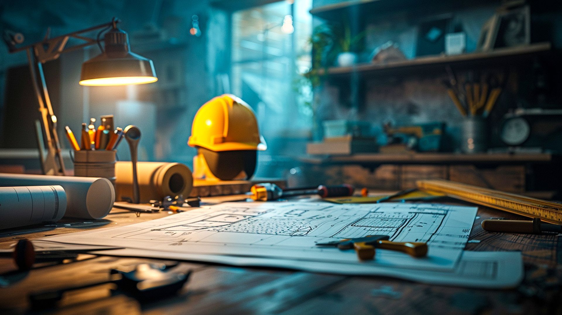 Bureau avec des plans de construction et des outils