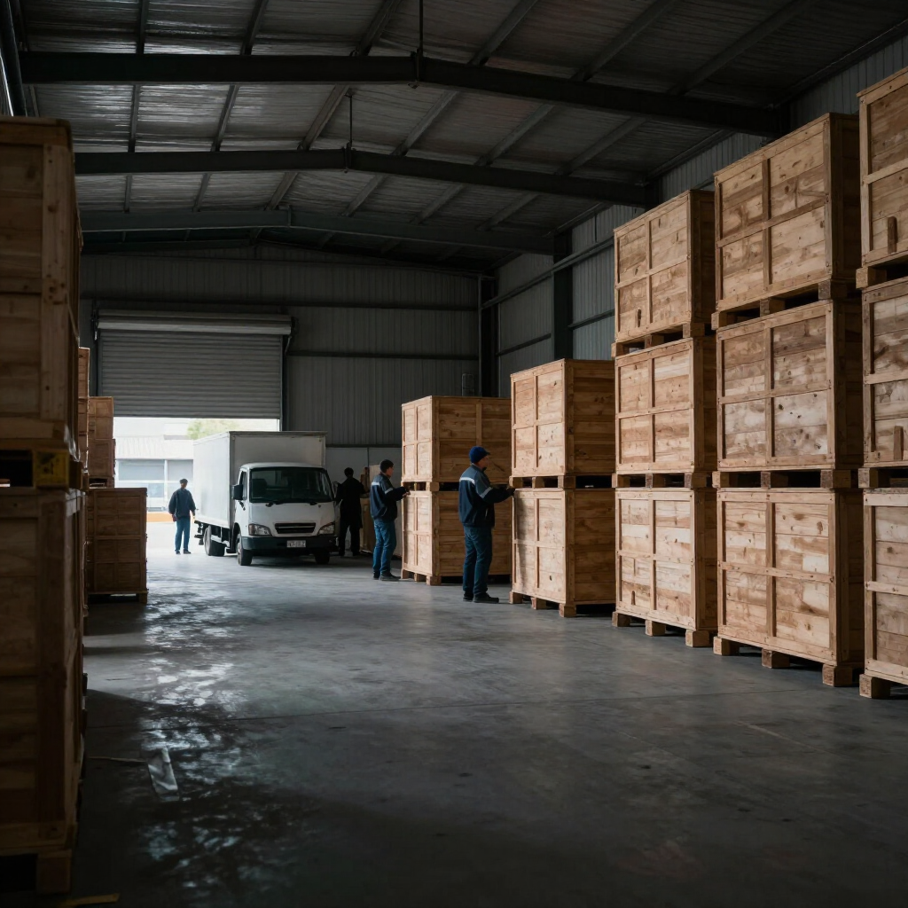 Interior de un almacén con cajas de madera apiladas, un camión blanco y trabajadores cerca de un muelle de carga abierto.