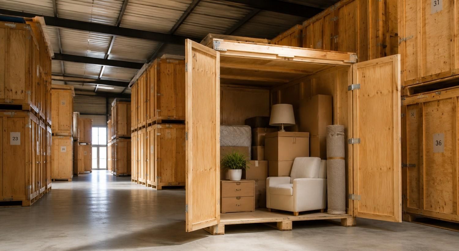 Cajas de madera abiertas en un almacén, llenas de cajas y artículos para el hogar.