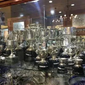 Una vitrina llena de muchos trofeos en una vitrina de cristal.