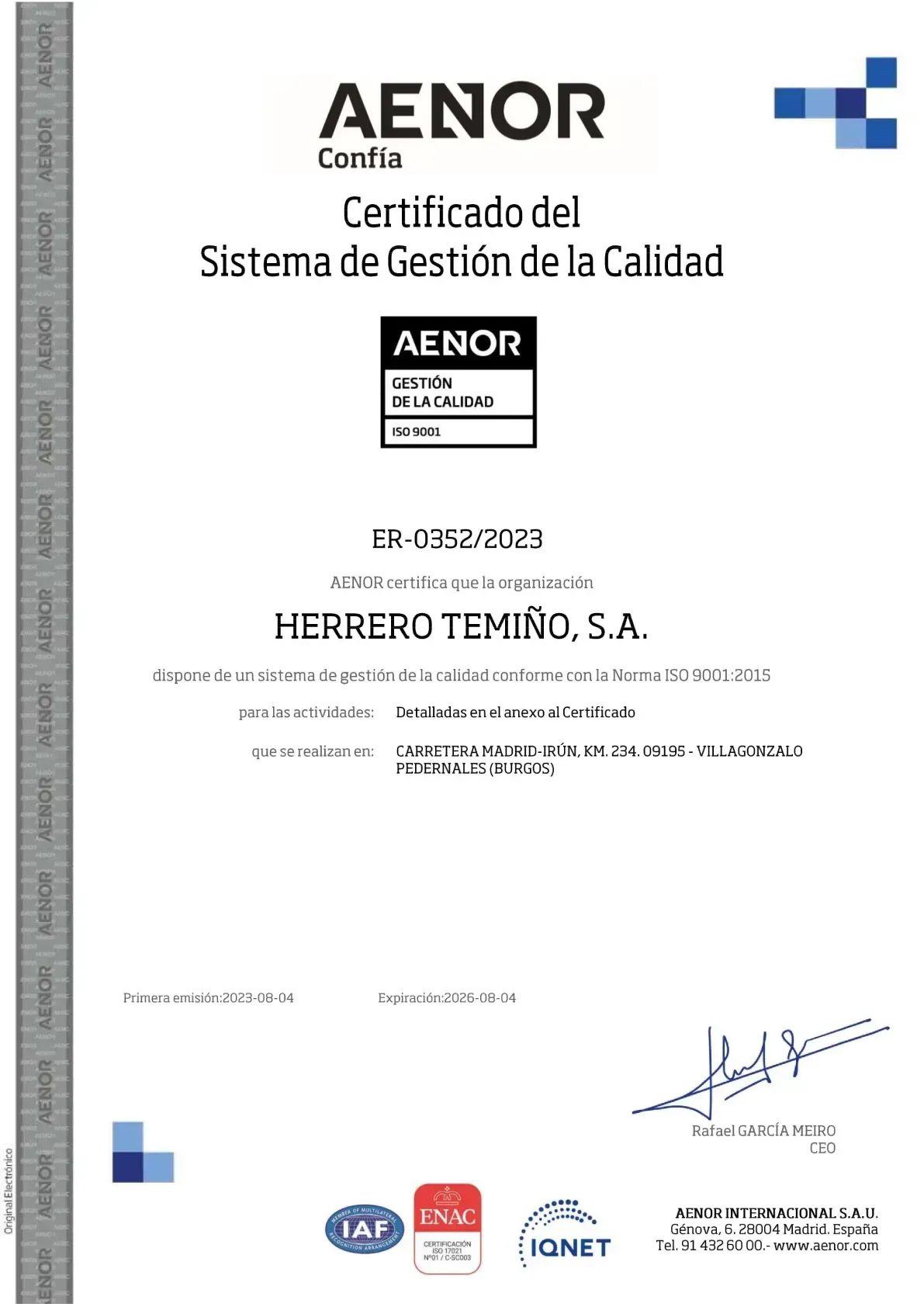 Es un certificado que dice aenor.
