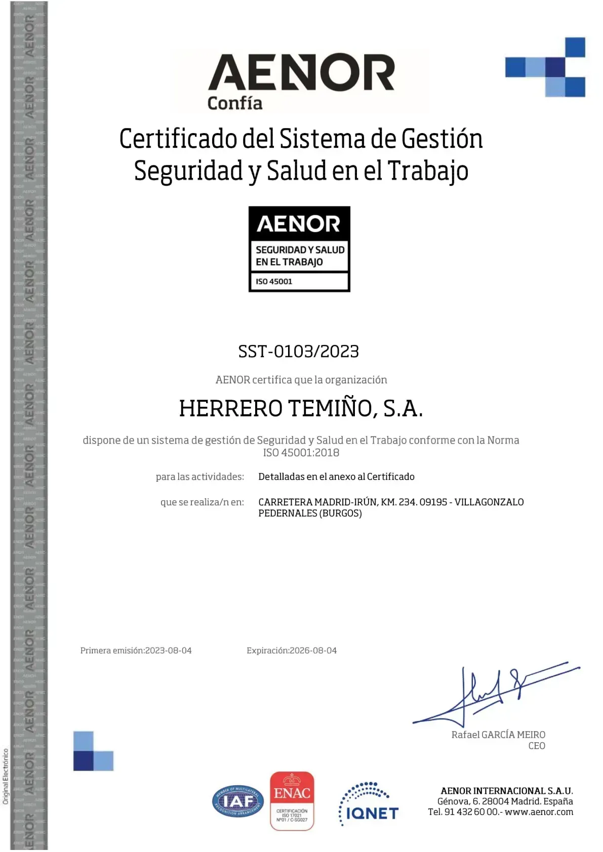 Es un certificado que dice aenor.