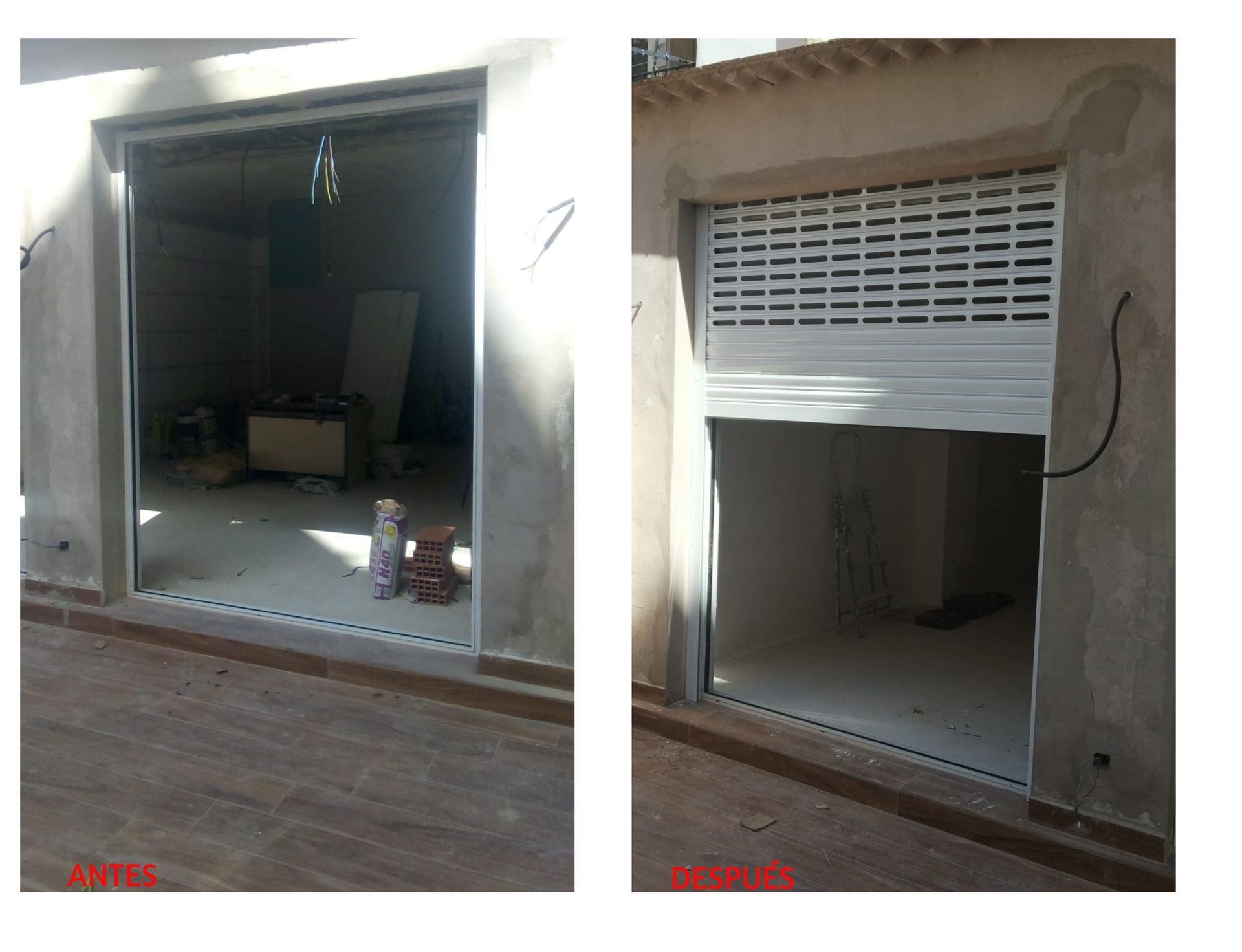 Una foto de antes y después de una puerta de garaje.