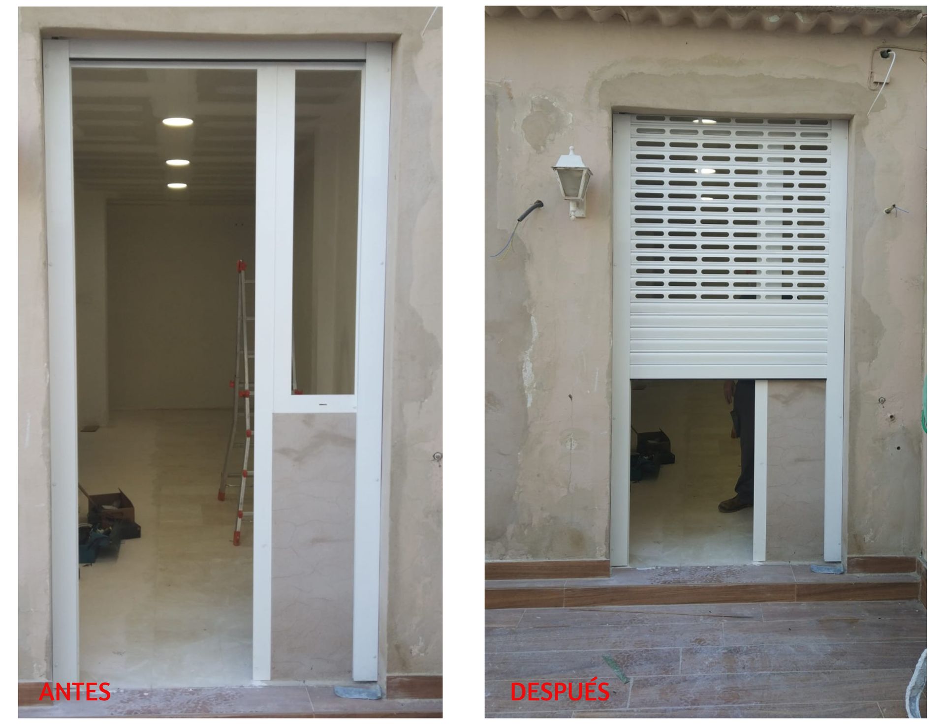 Una foto de antes y después de una puerta con las palabras antes y después