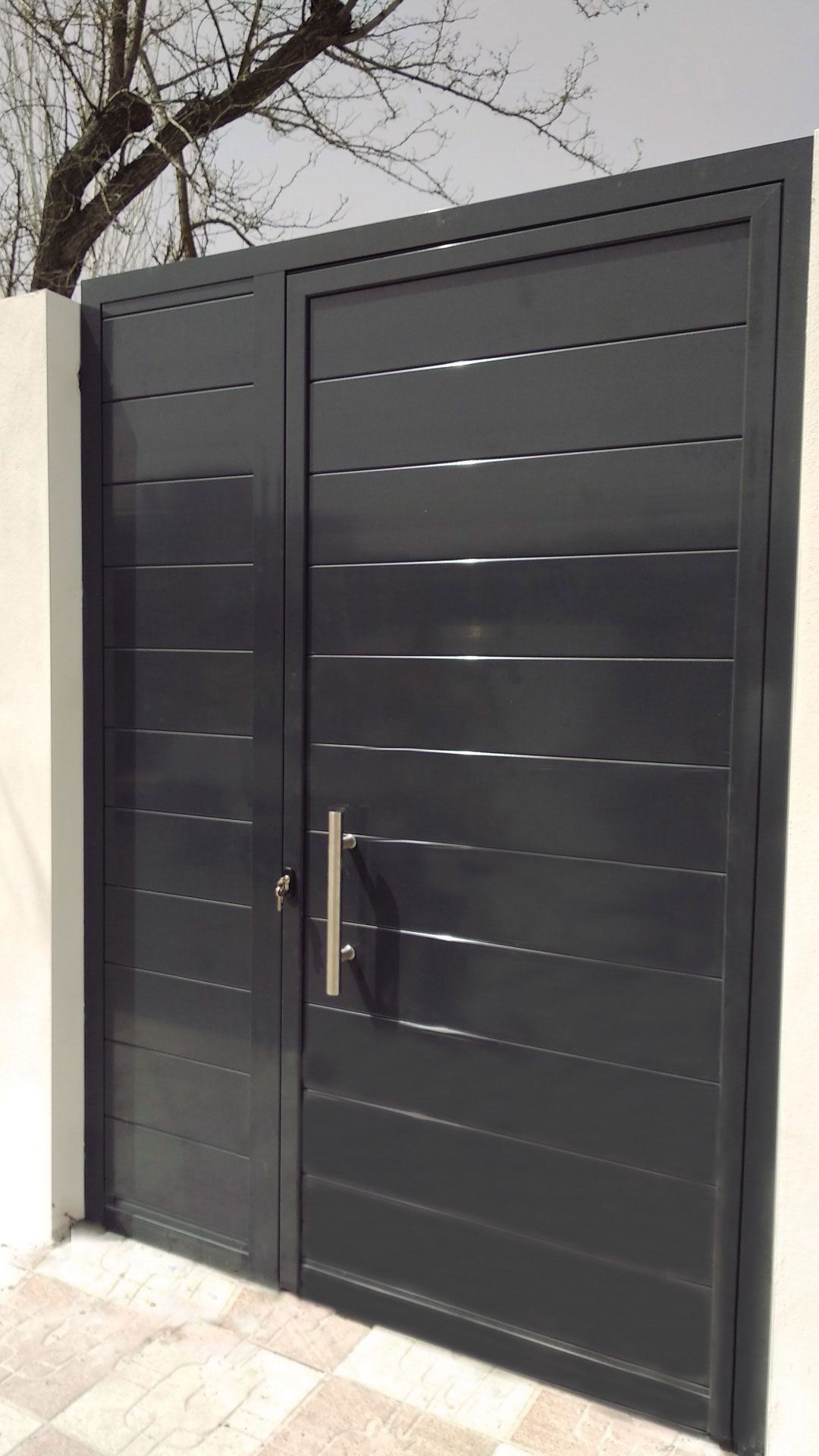 Un primer plano de una puerta negra con un árbol al fondo.