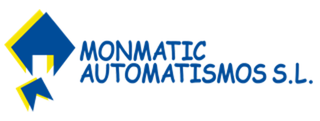 Un logotipo azul y amarillo para Monmatic Automatismos SL