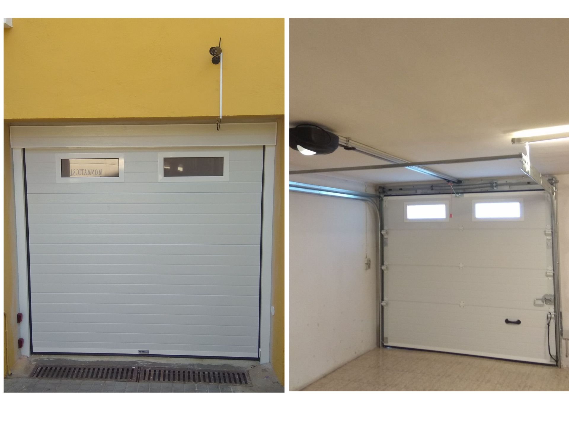 Una imagen de una puerta de garaje y una imagen de una puerta de garaje abierta.