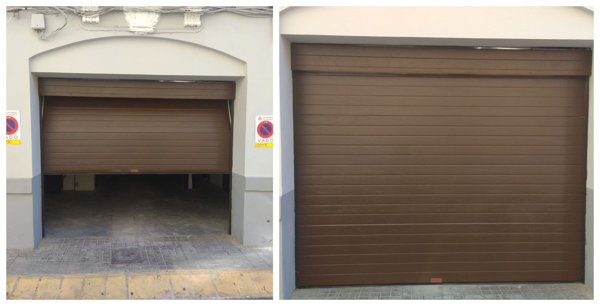 Una foto de antes y después de una puerta de garaje.