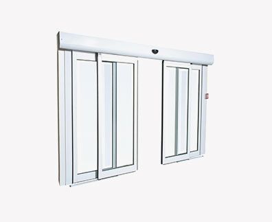 Un par de puertas corredizas de vidrio sobre un fondo blanco.