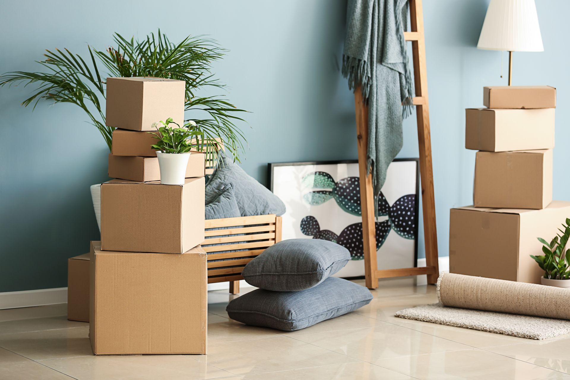 Des cartons de déménagement avec des éléments de décoration