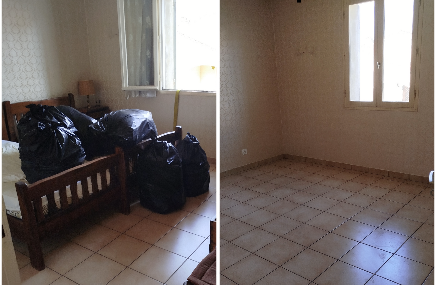 Montage avant/après d'une pièce encombrée puis vide