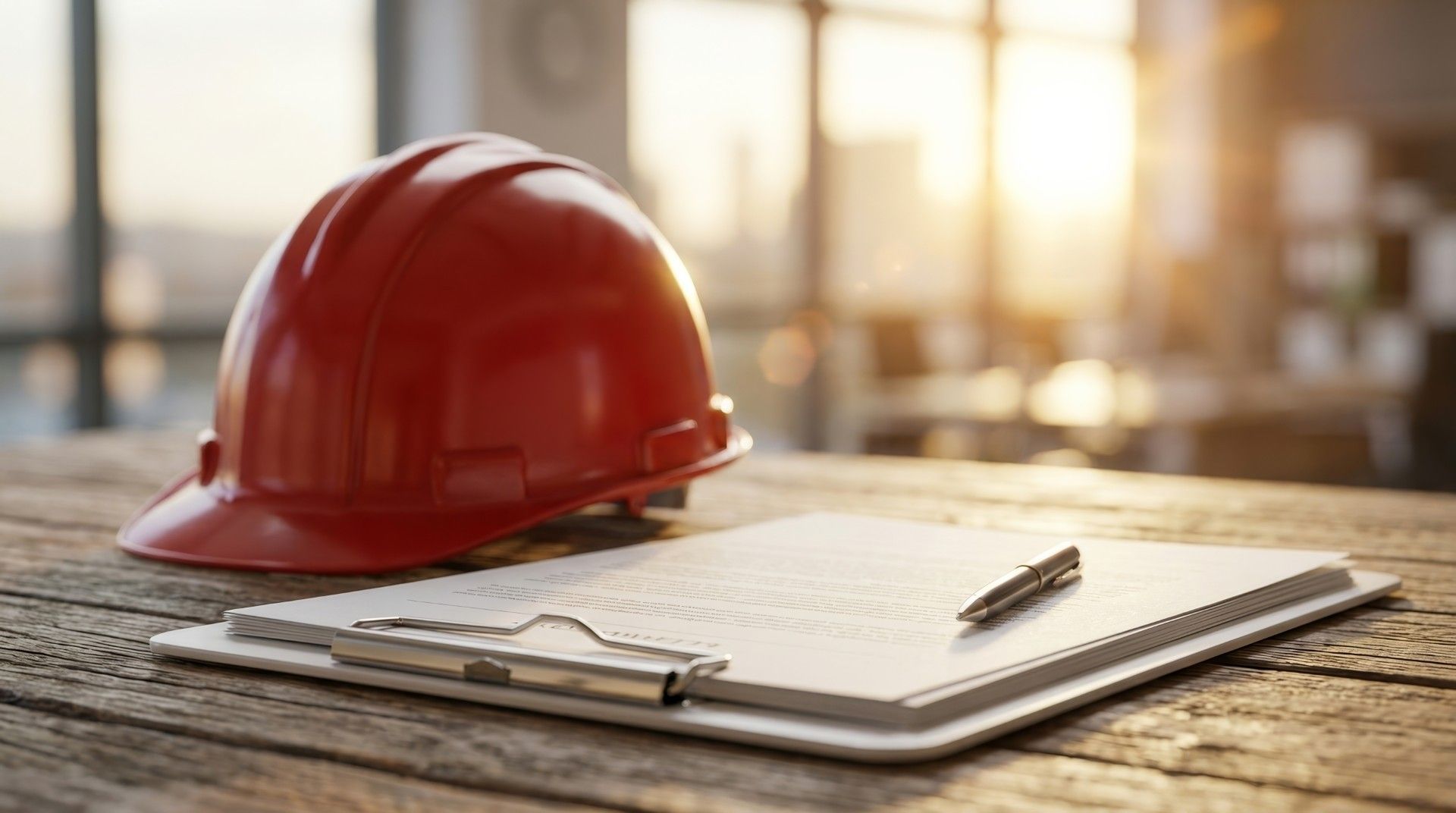 Casque de chantier rouge posé sur un presse-papiers avec des plans et un stylo, sur une table de chantier