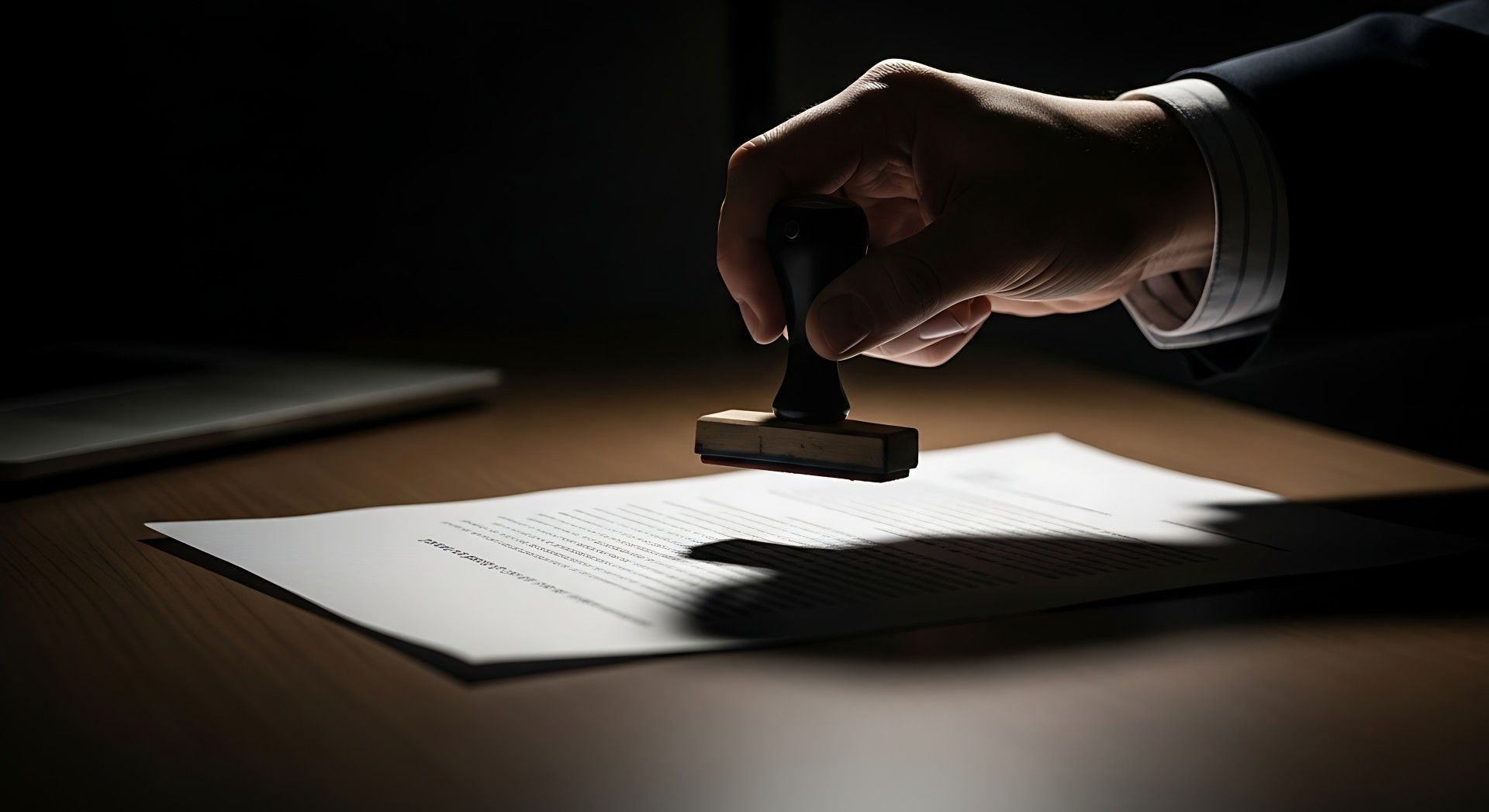 Tamponner un document à la main sur un bureau sous une lumière tamisée