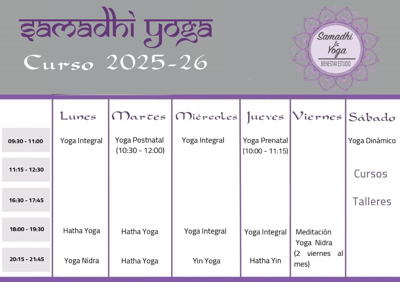 Horario de clases de yoga: Samadhi Yoga 2025-26. Diseño en morado y blanco con horarios y tipos de clases (yoga, talleres).