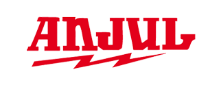 Un logotipo rojo y blanco para Anjul con un rayo.