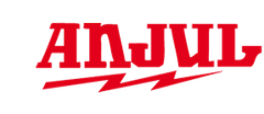 Un logotipo rojo y blanco para Anjul con un rayo.