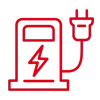 Un icono de línea roja de una estación de carga de vehículos eléctricos con un rayo.