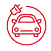 Un icono de línea roja de un automóvil eléctrico con un enchufe conectado a él.
