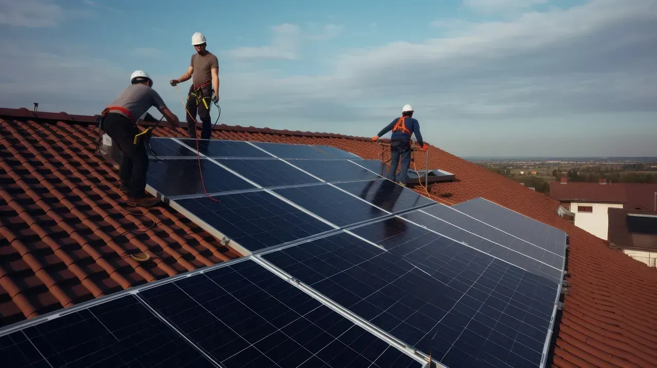 Un grupo de hombres está instalando paneles solares en un techo.