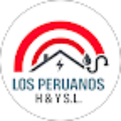 Logotipo de Los Peruanos H & T SL con arcos rojos, línea de techo y texto azul sobre fondo blanco.