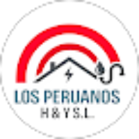 Logotipo de Los Peruanos H & T SL con arcos rojos, línea de techo y texto azul sobre fondo blanco.