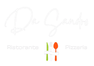 Logotipo de restaurante y pizzería con texto cursivo e icono de tenedor y cuchara en naranja y verde.
