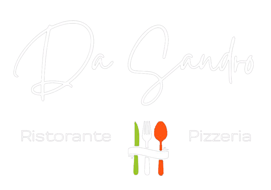 Logotipo de restaurante y pizzería con texto cursivo e icono de tenedor y cuchara en naranja y verde.