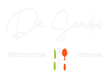 Logotipo de restaurante y pizzería con texto cursivo e icono de tenedor y cuchara en naranja y verde.