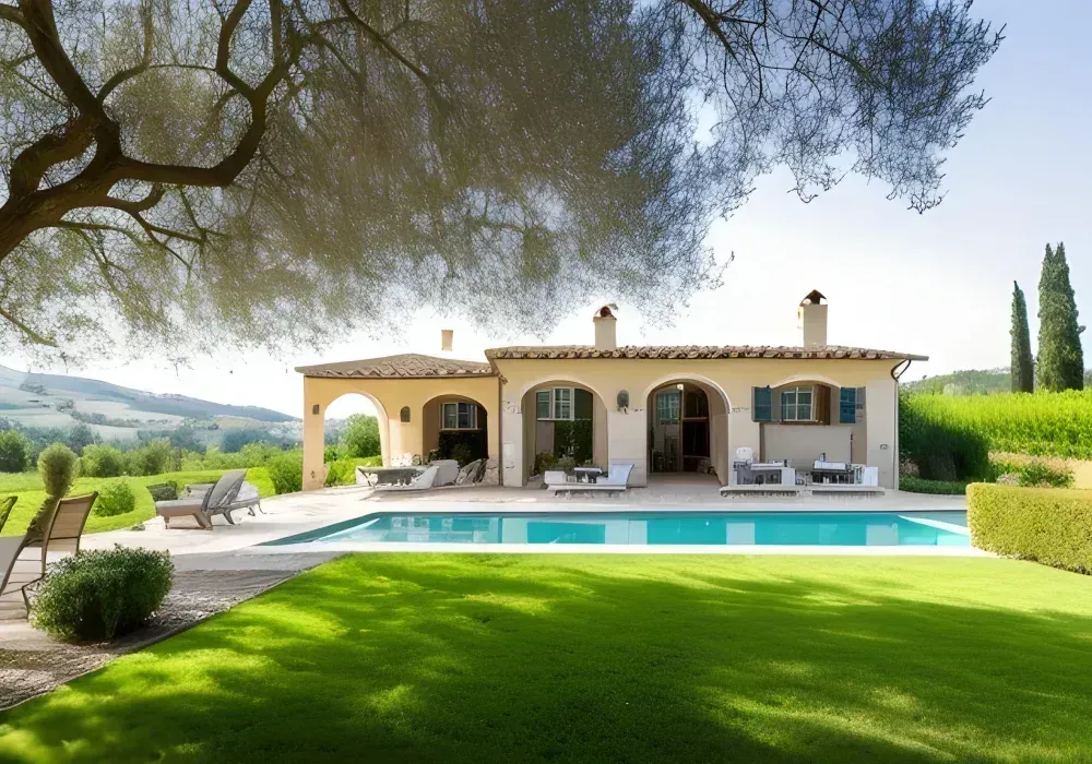 Villa junto a la piscina con piscina azul, césped verde y colinas onduladas al fondo.