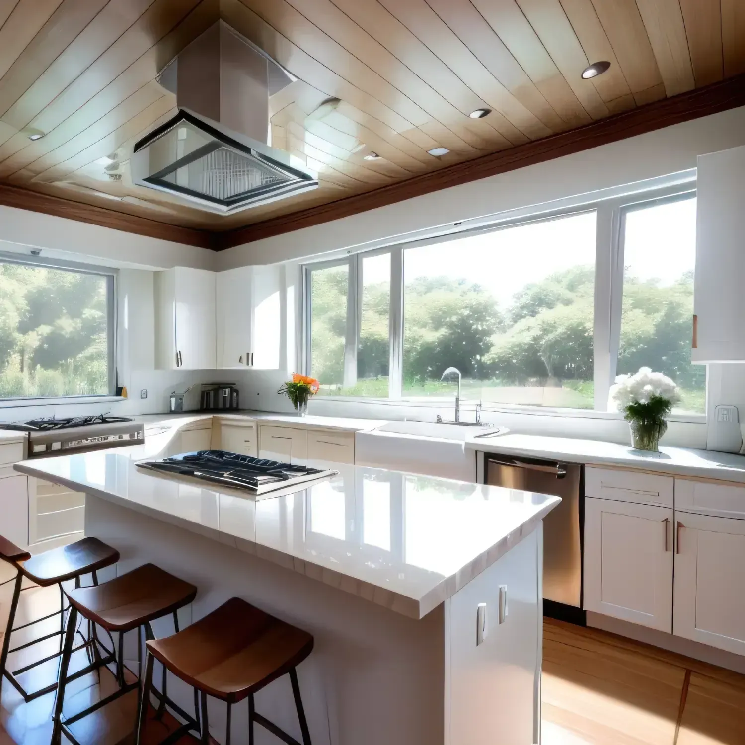 Moderna cocina blanca con isla, techo de madera y grandes ventanales con vistas a un paisaje verde.