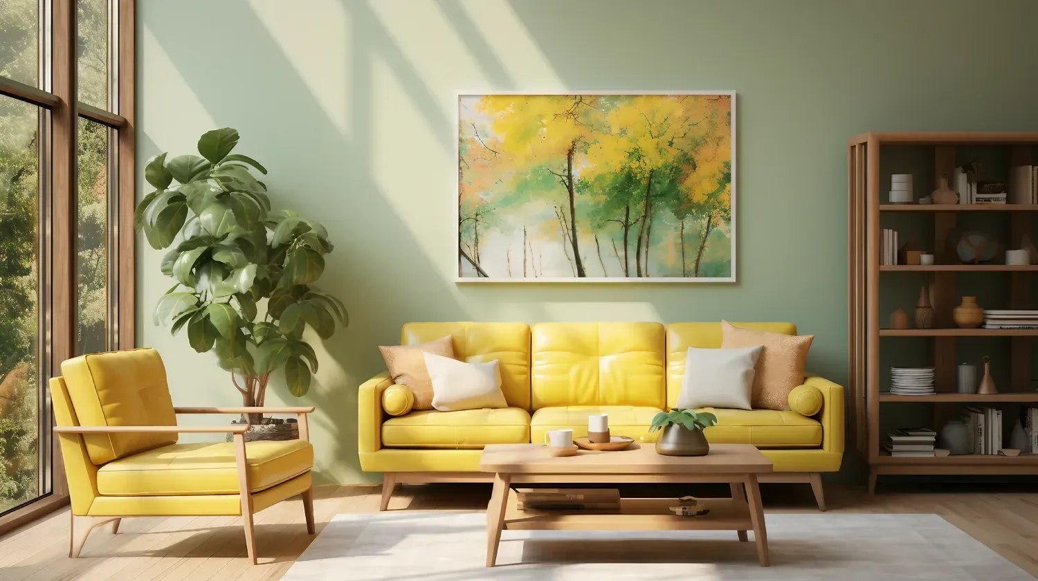 Sala de estar con sofá y sillón amarillos, paredes verdes, ventanal, obras de arte y estantería de madera.