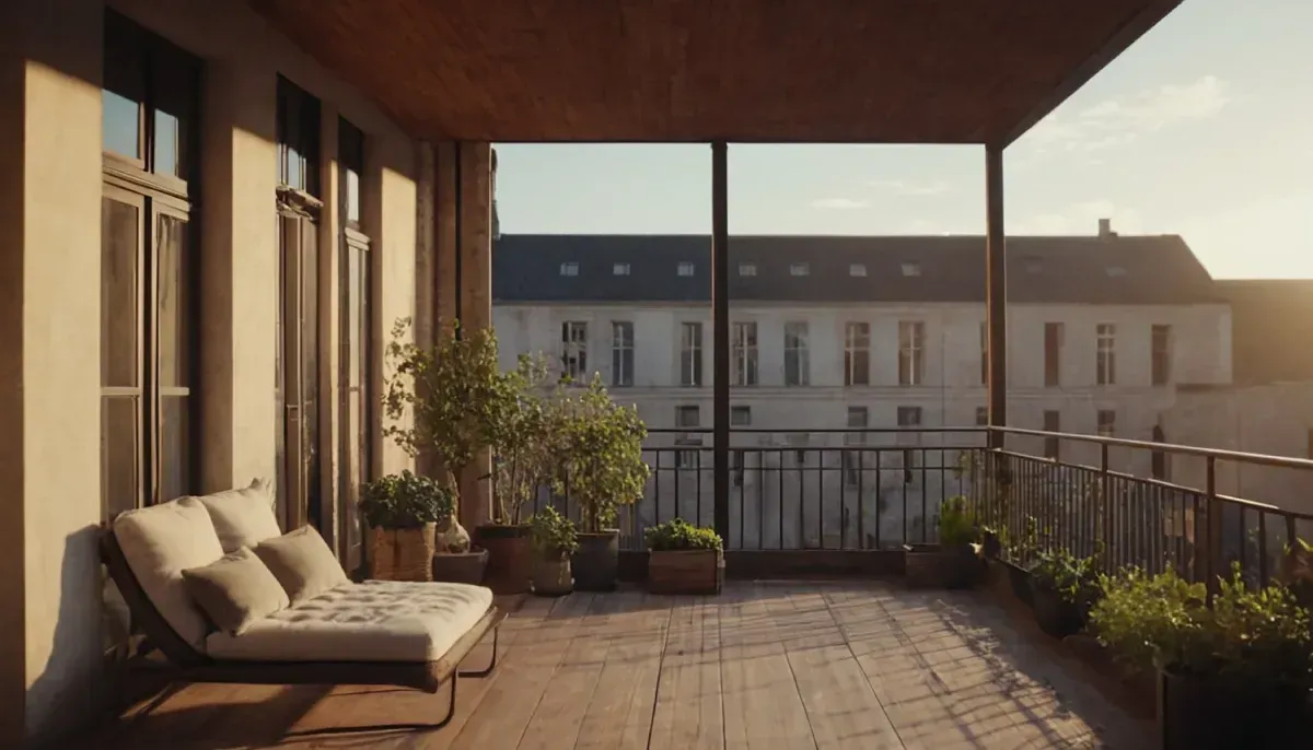 Balcón con piso de madera, sofá, plantas en macetas y vista a un edificio bajo la luz del sol.