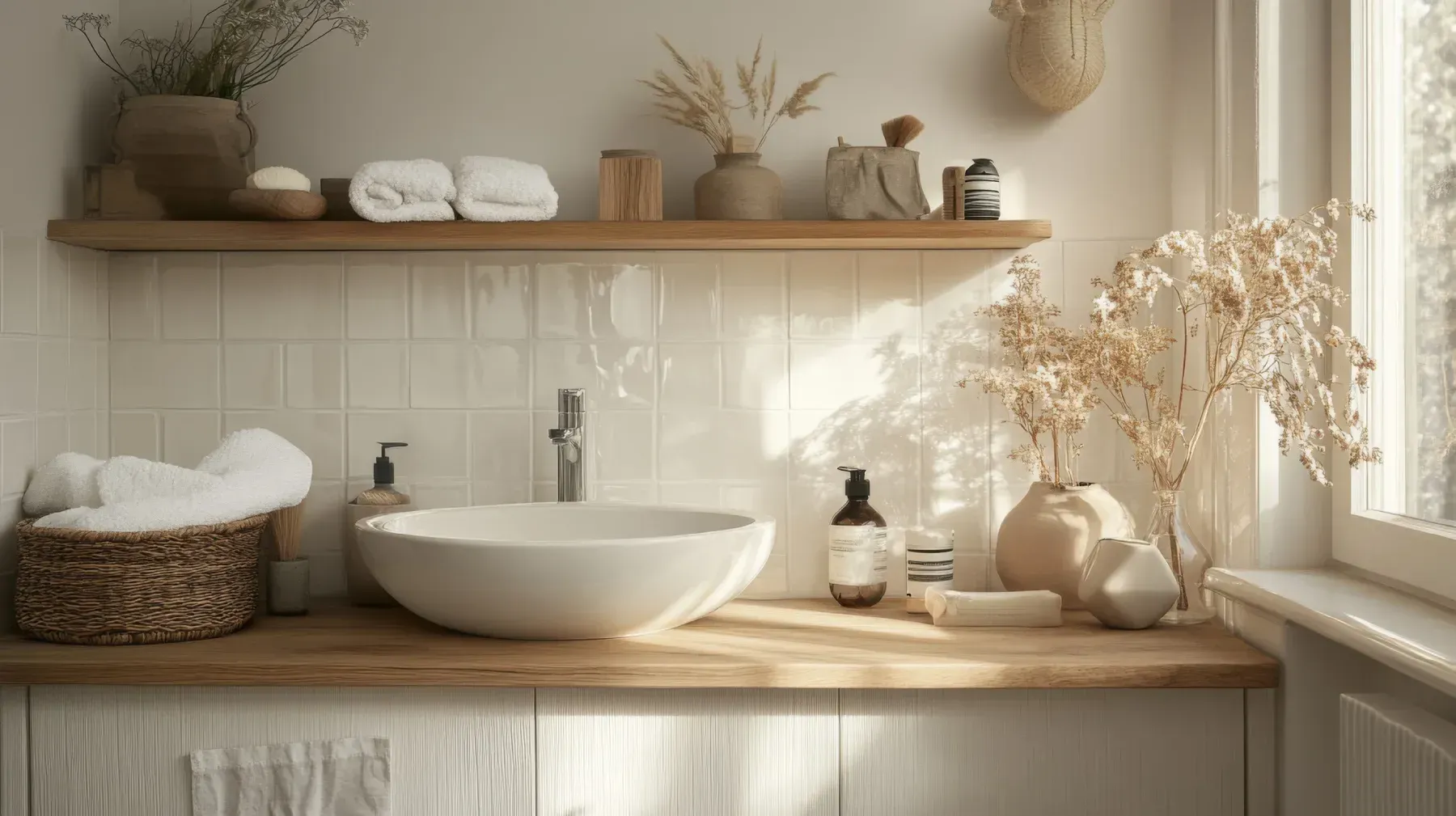 Baño con lavabo blanco, encimera de madera, estantería con toallas y decoración, y ventana.