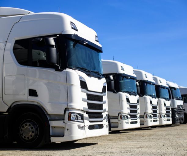 A row of white semi trucks are parked in a parking lot