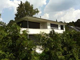 Weißes Haus mit dunklen Fensterverkleidungen, teilweise verdeckt durch grüne Büsche und Bäume, an einem sonnigen Tag.