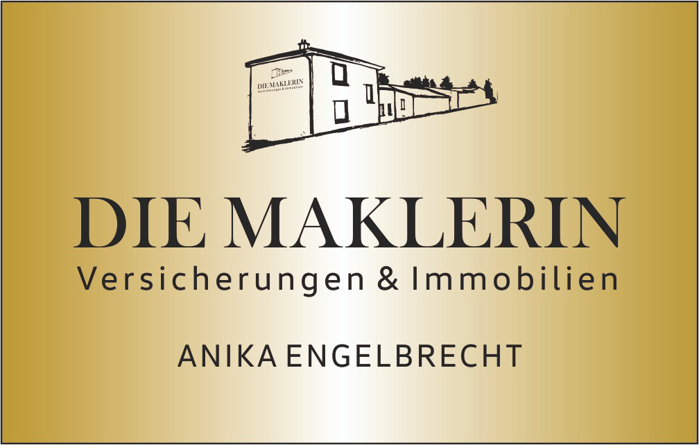 Gold realtor logo with house sketch and text &ldquo;DIE MAKLERIN &ndash; Versicherungen & Immobilien &ndash; ANIKA ENGELBRECHT&rdquo;