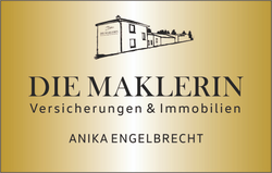 Gold realtor logo with house sketch and text “DIE MAKLERIN – Versicherungen & Immobilien – ANIKA ENGELBRECHT”